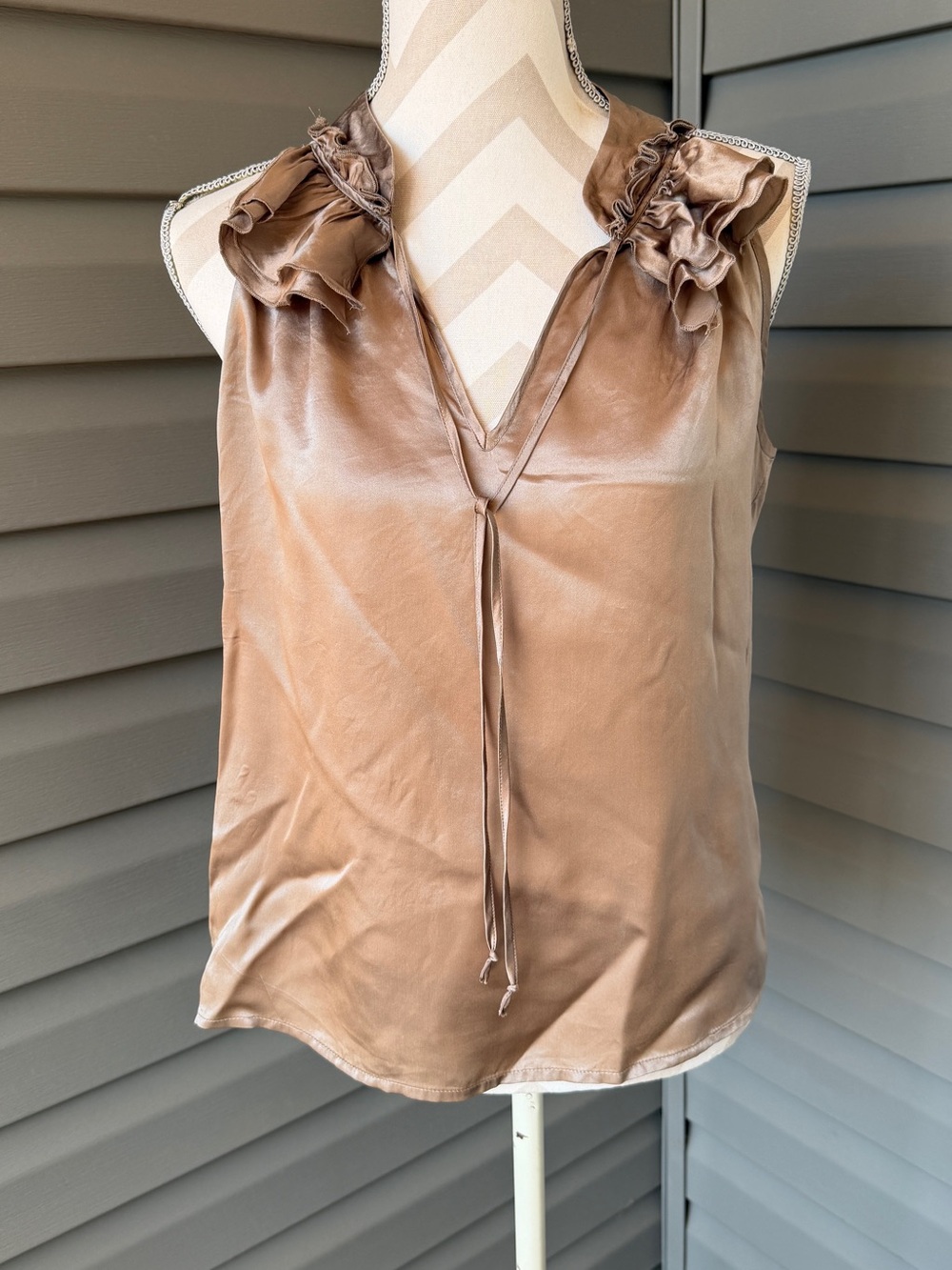 Kenar Sleeveless Silk Ruffle Tie-Neck Women's Top Brown Sz M